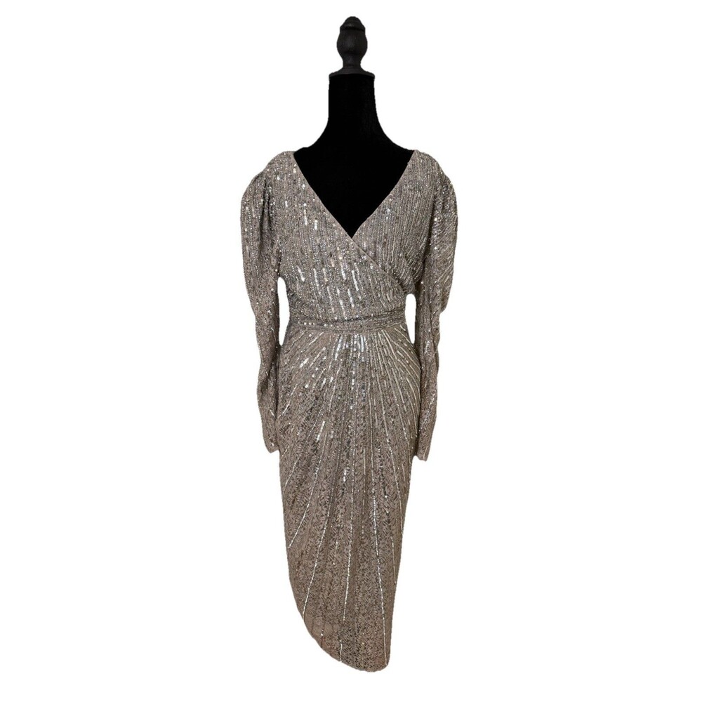 New | Mac Duggal 93676 Mac Gray/Taupe Beaded Lace Long Sleeve Beaded Dresses 8